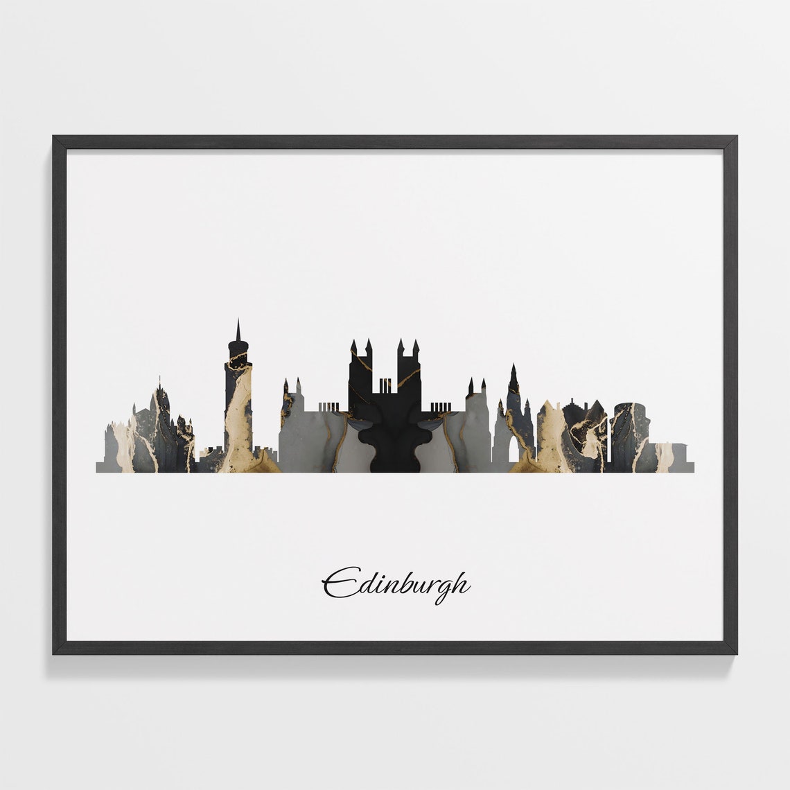 Edinburgh UK Marble Skyline Black Gold Minimalist Cityscape Poster
