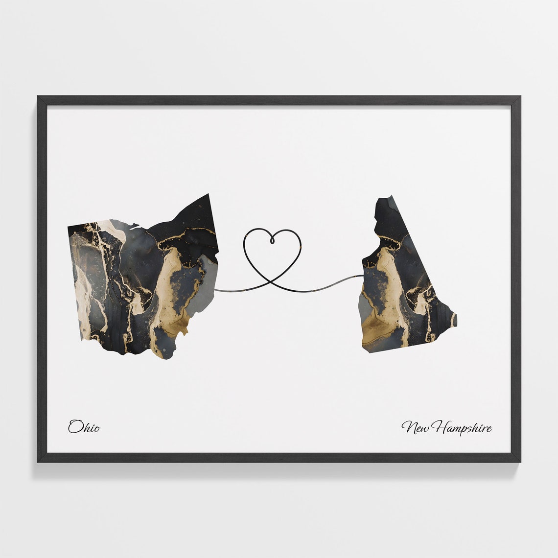 Ohio New Hampshire Long Distance Black Gold Marble Heart Map Poster