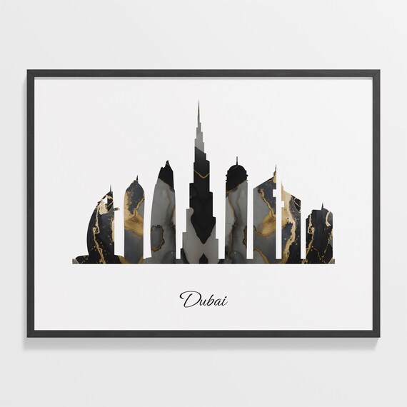 Dubai Skyline Minimalist Black Gold Marble Cityscape Art Poster