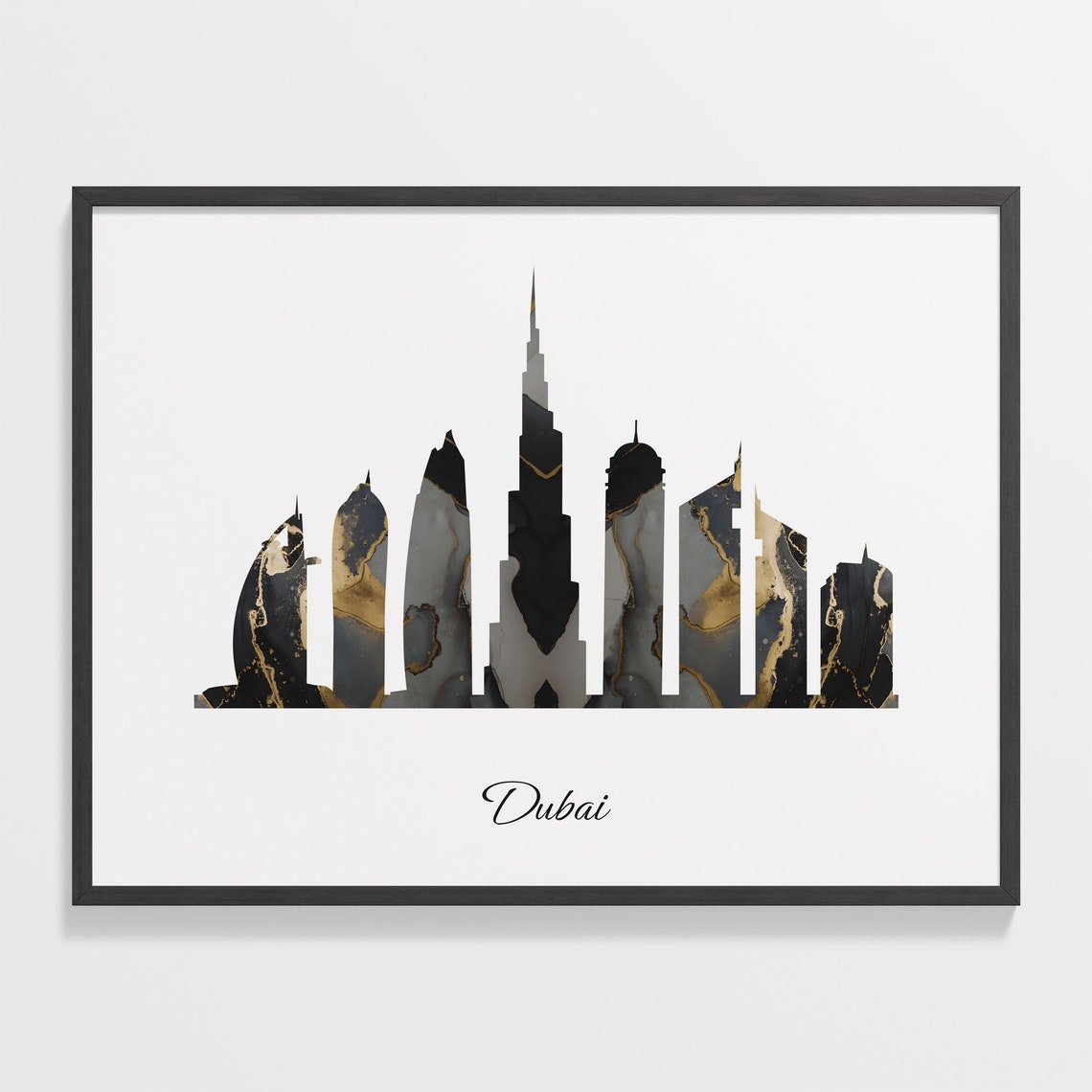 Dubai Skyline Minimalist Black Gold Marble Cityscape Art Poster