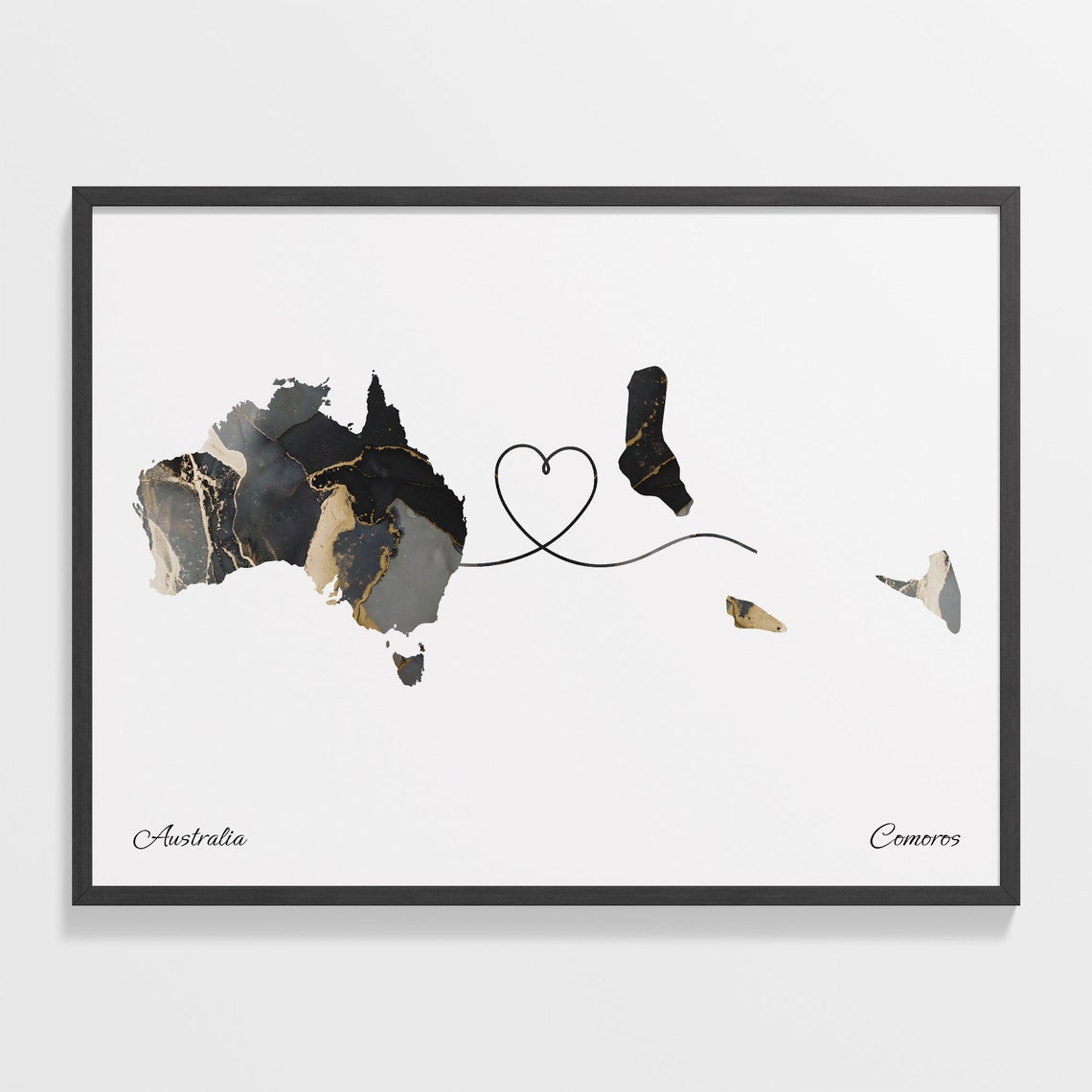 Australia and Comoros Two Countries Black Gold Marble Map Poster