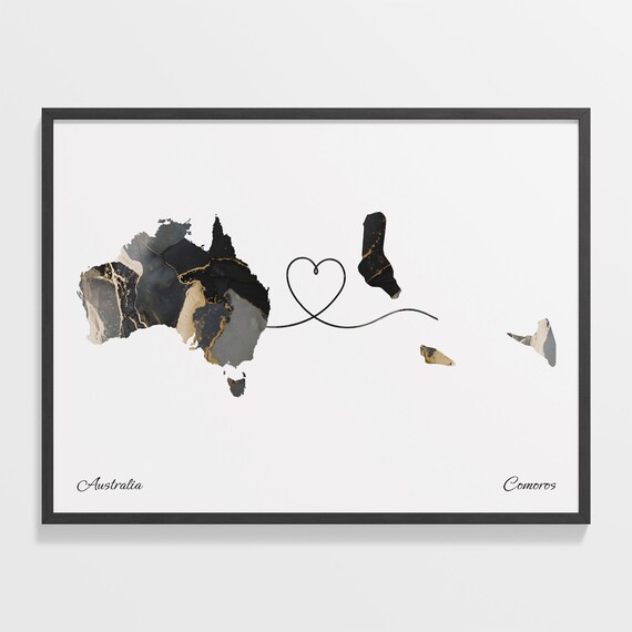 Australia and Comoros Two Countries Black Gold Marble Map Poster