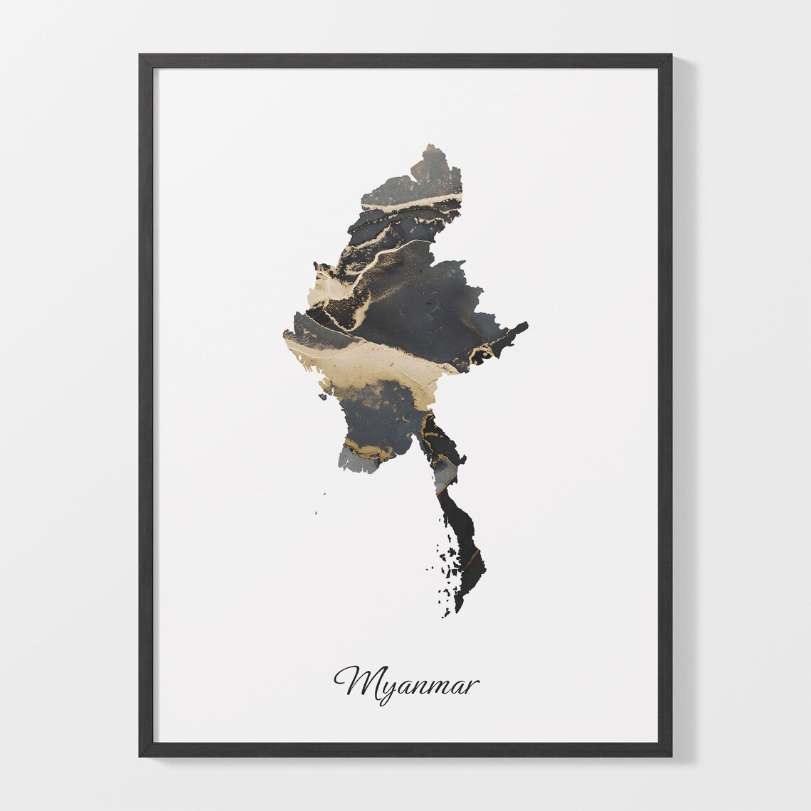 Myanmar Black and Gold Marble Country Map Silhouette Minimalist Poster