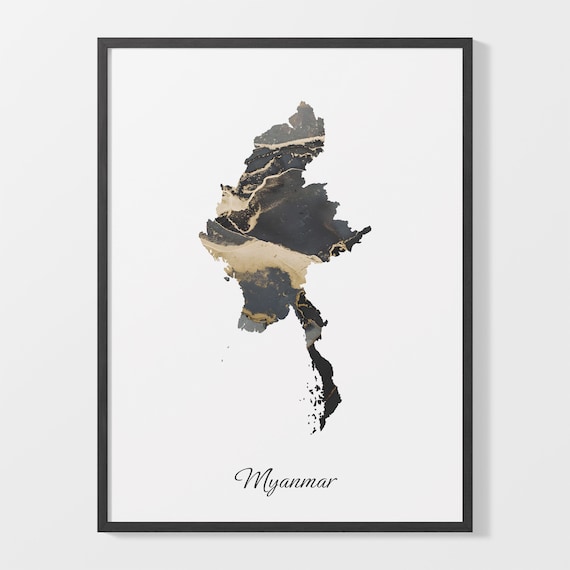 Myanmar Black and Gold Marble Country Map Silhouette Minimalist Poster