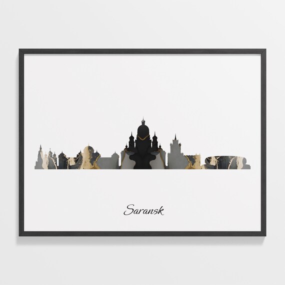 Saransk Skyline Minimalist Black Gold Marble Cityscape Art Poster