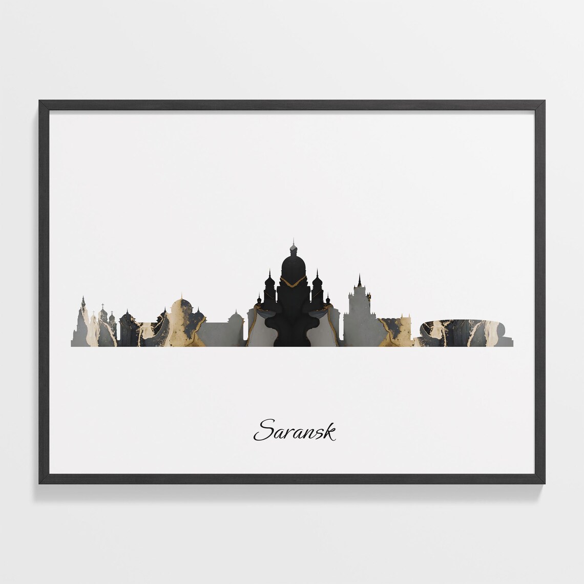 Saransk Skyline Minimalist Black Gold Marble Cityscape Art Poster
