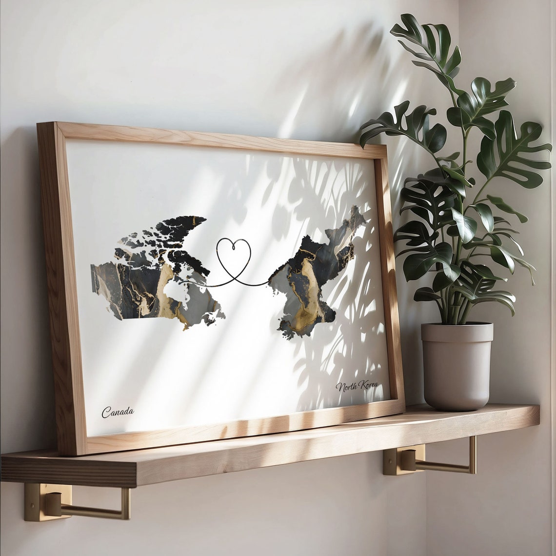 Canada To North Korea Black Gold Marble Long Distance Heart Map Poster - Image 3