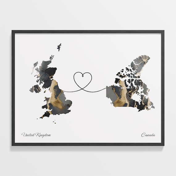 United Kingdom To Canada Marble Map Heart Poster Long Distance Love Gift