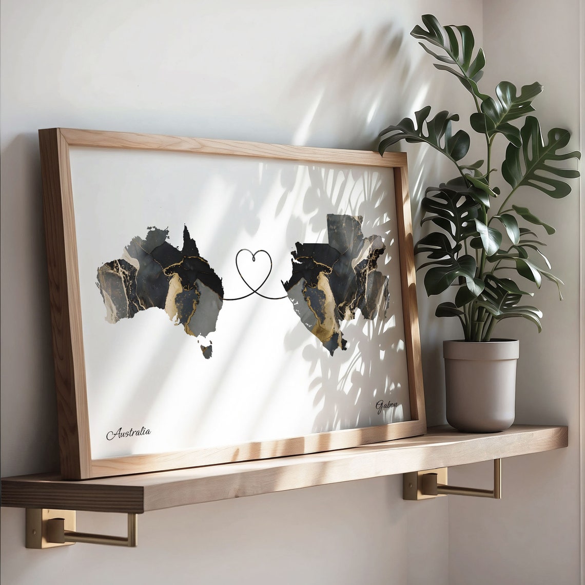 Australia To Gabon Black Gold Marble Long Distance Heart Map Poster - Image 3