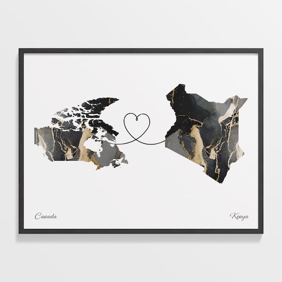 Canada to Kenya Black Gold Marble Long Distance Heart Map Poster