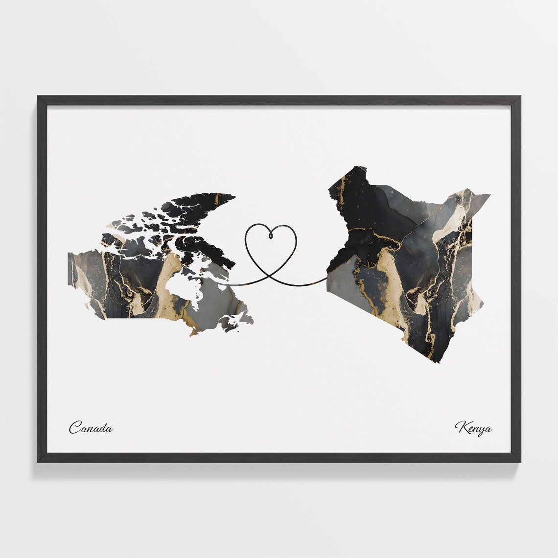 Canada to Kenya Black Gold Marble Long Distance Heart Map Poster