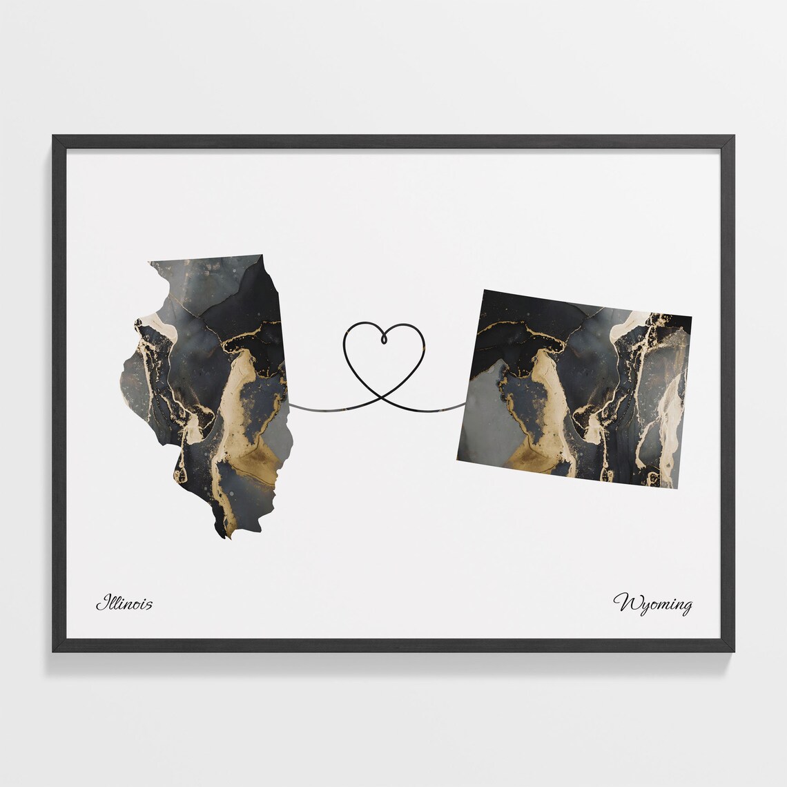 Illinois to Wyoming Long Distance Love Marble Map Art Poster