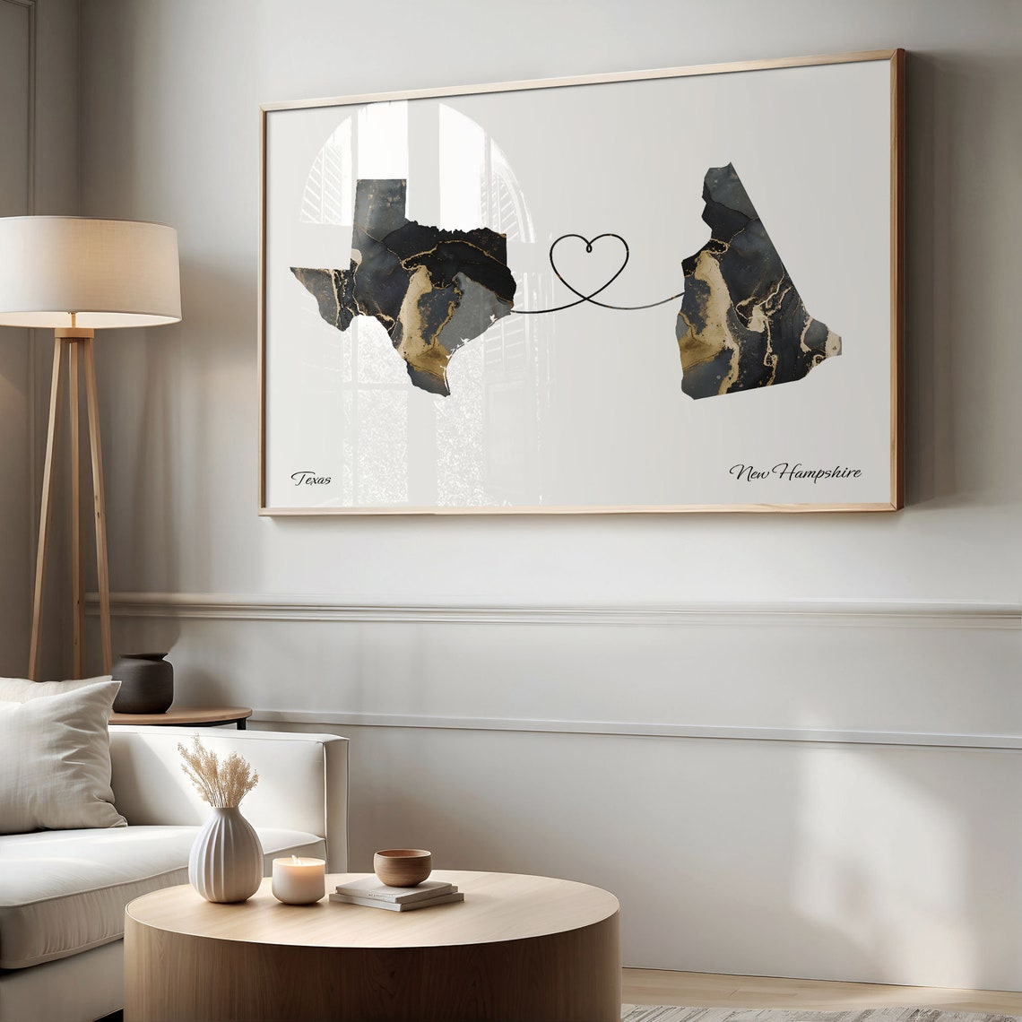 Texas and New Hampshire Black Gold Marble Map Heart Connection Poster - Image 2