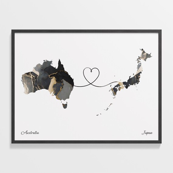 Australia to Japan Black Gold Marble Heart Connection Map Poster