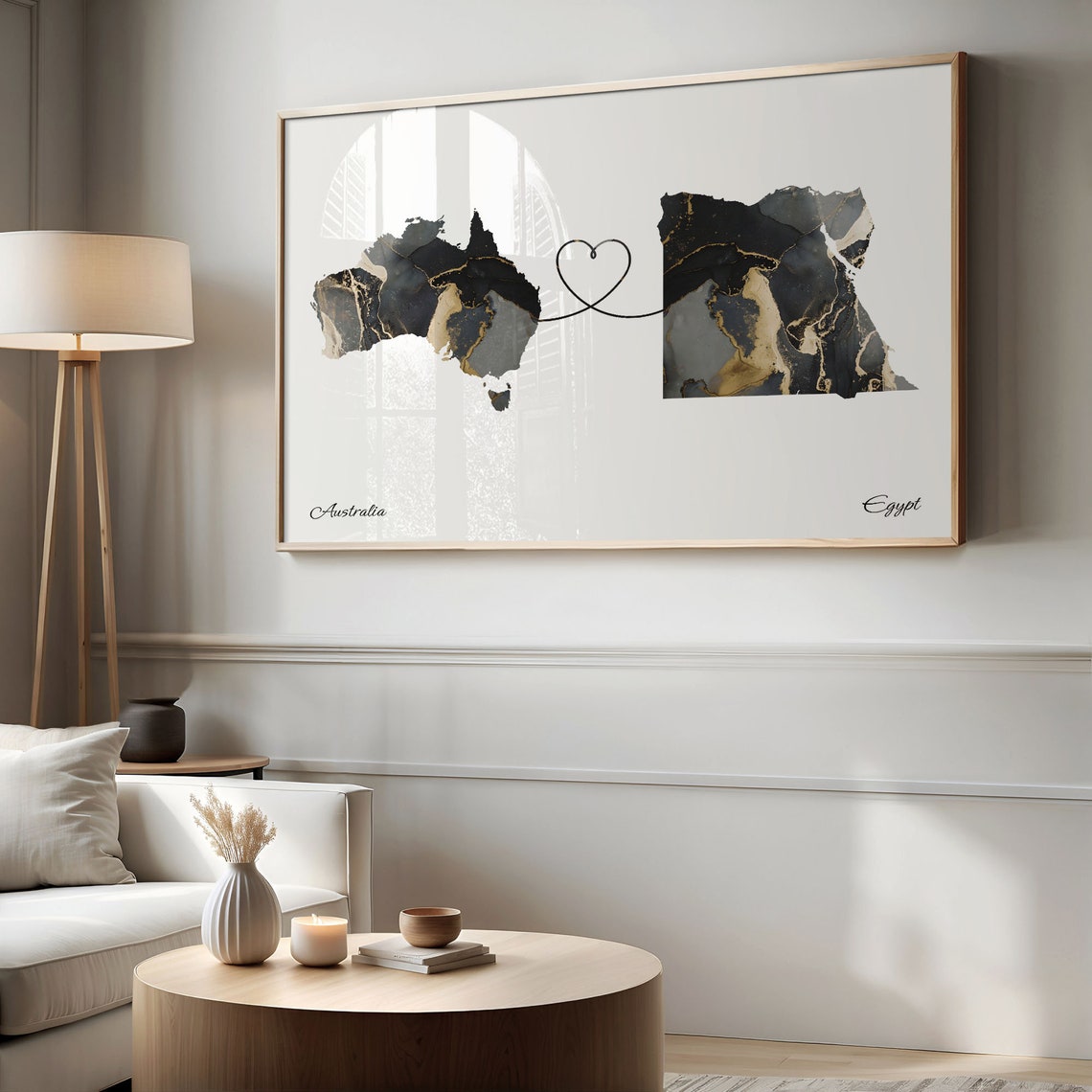 Australia and Egypt Black Marble Heart Connection Map Poster - Image 2