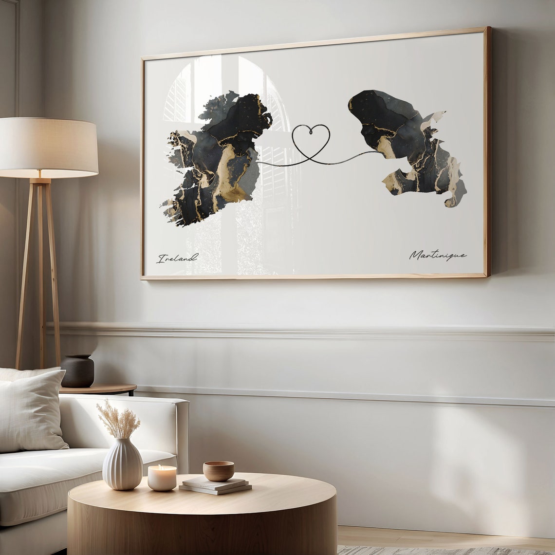 Ireland and Martinique Black Gold Marble Heart Map Connection Poster - Image 2