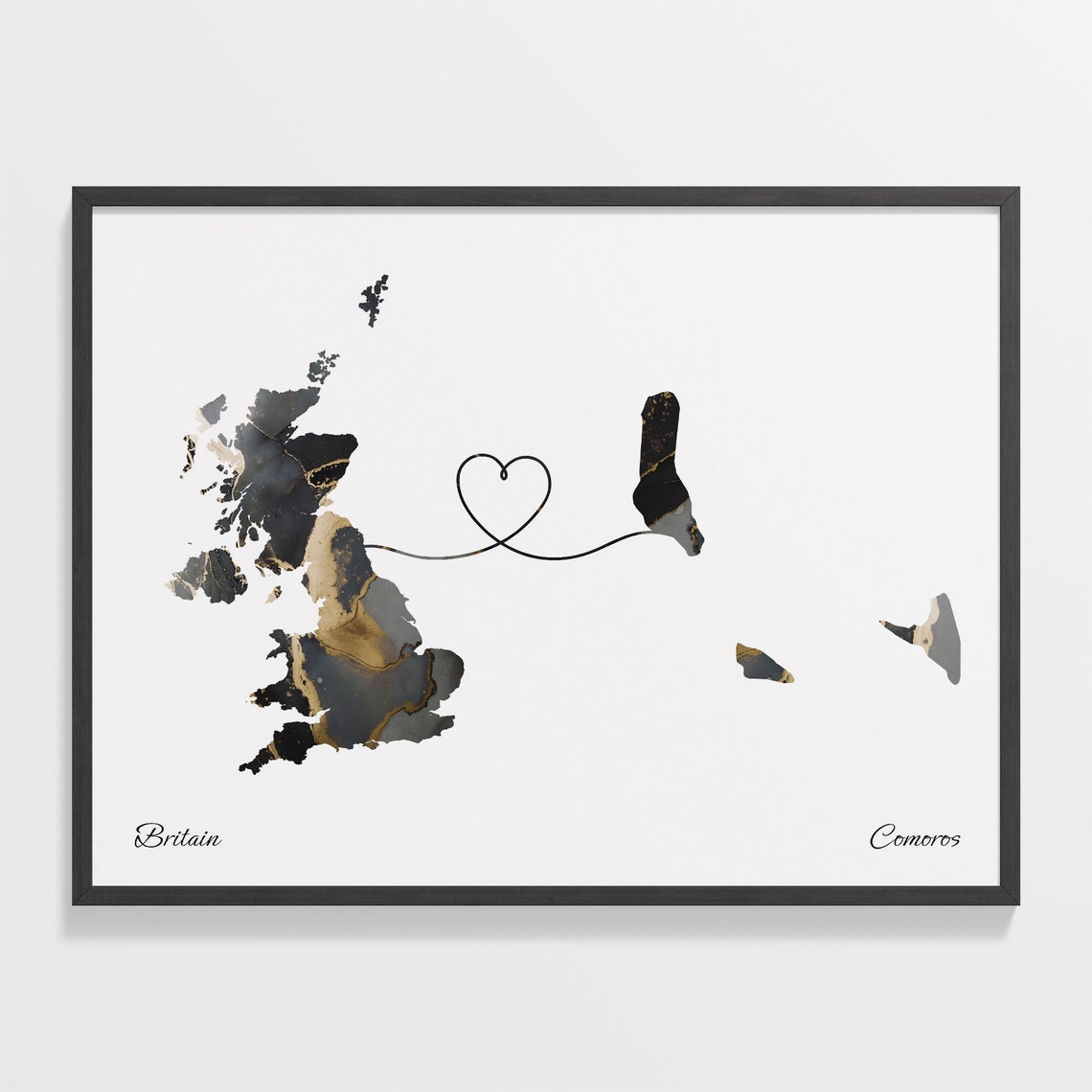 Britain to Comoros Heart Connected Long Distance Marble Map Poster