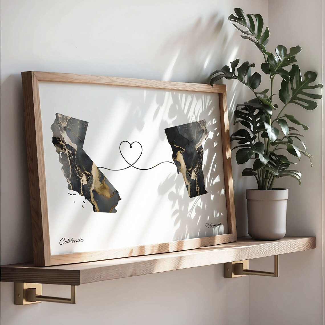California to Vermont Black Gold Marble Map Heart Line Art Poster - Image 3