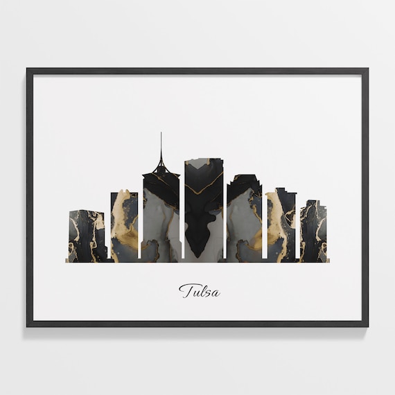 Tulsa Oklahoma Black Gold Marble Skyline Silhouette Art Poster
