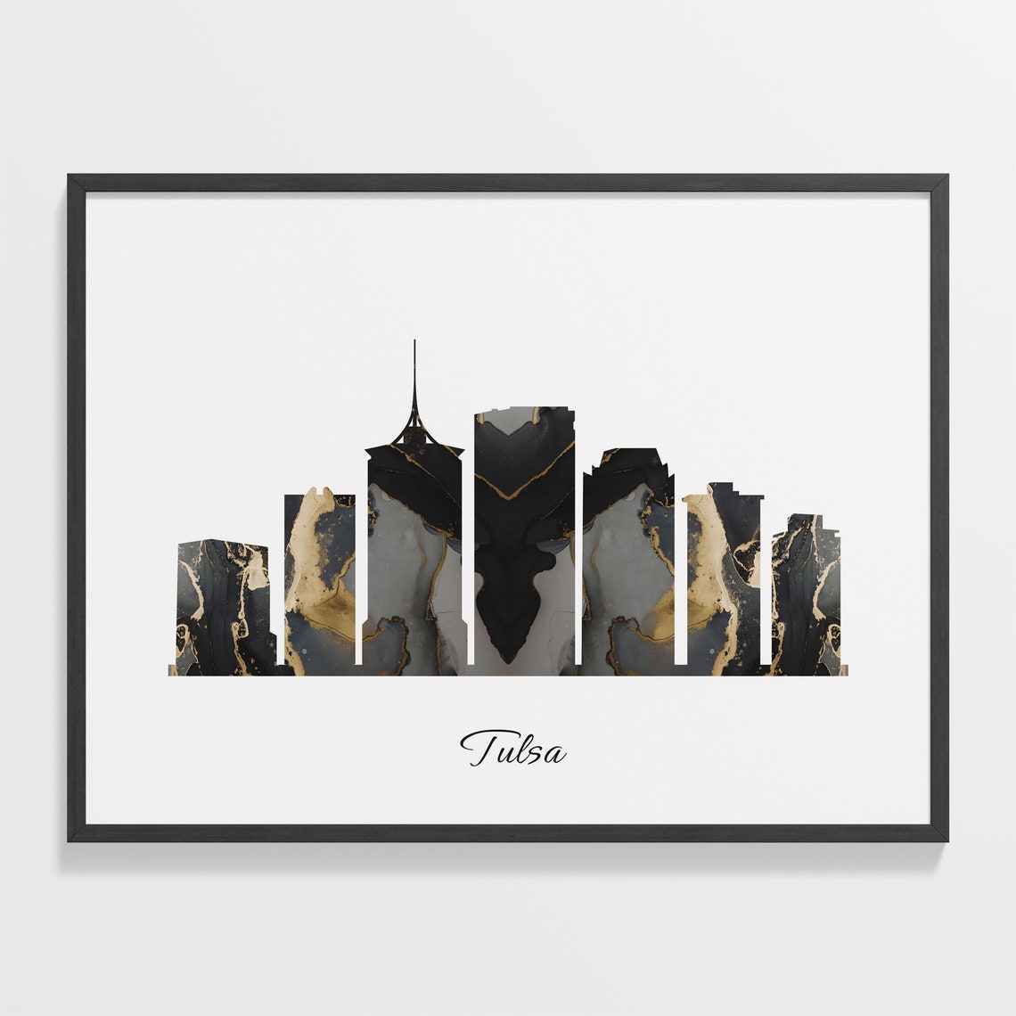 Tulsa Oklahoma Black Gold Marble Skyline Silhouette Art Poster