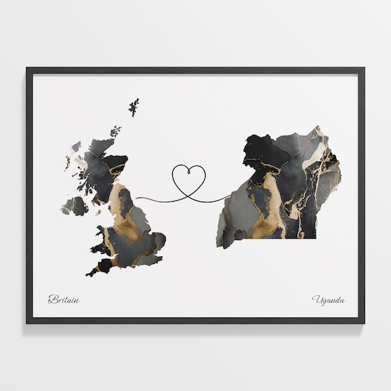 Britain Uganda Black Gold Marble Map Art Heart Connection Poster