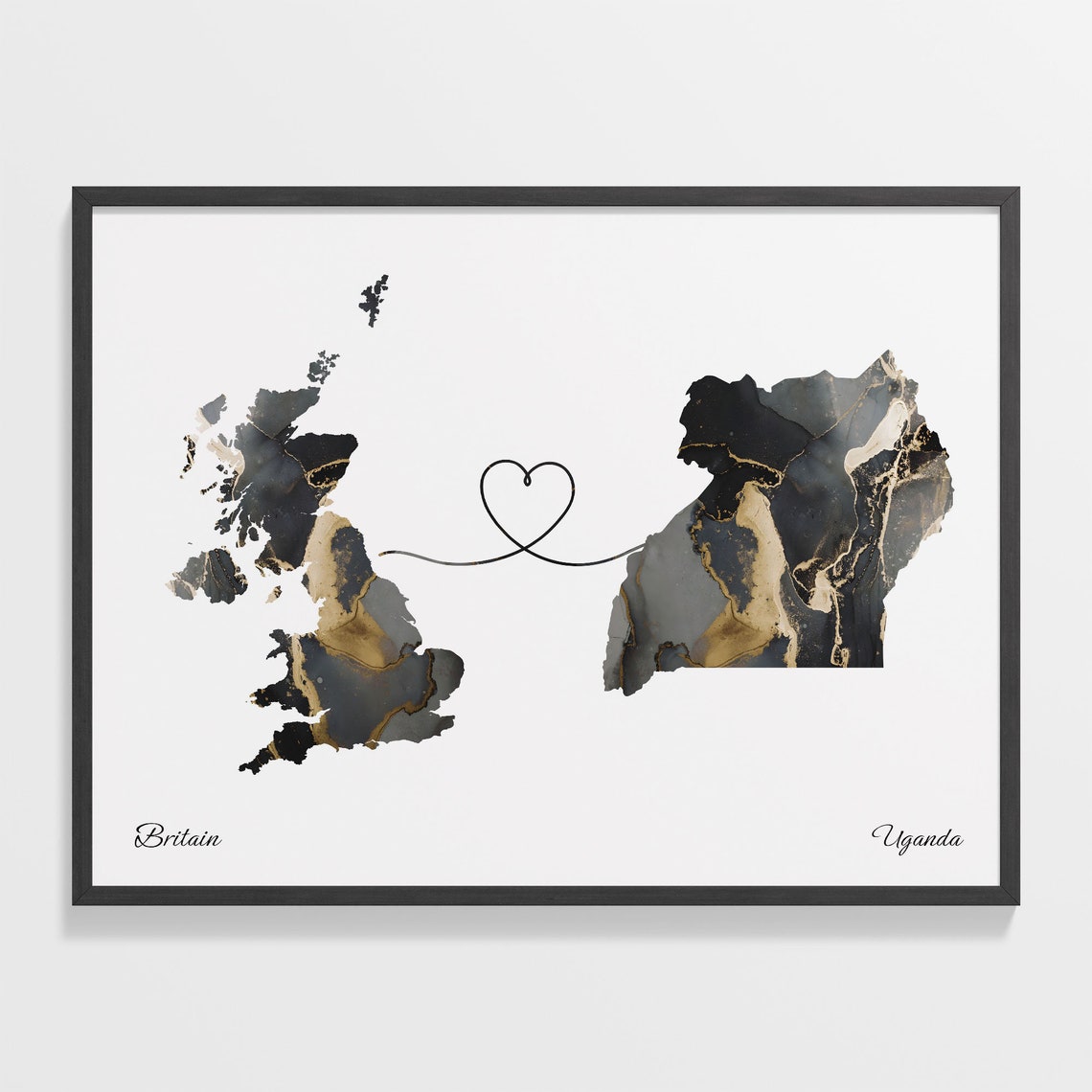 Britain Uganda Black Gold Marble Map Art Heart Connection Poster