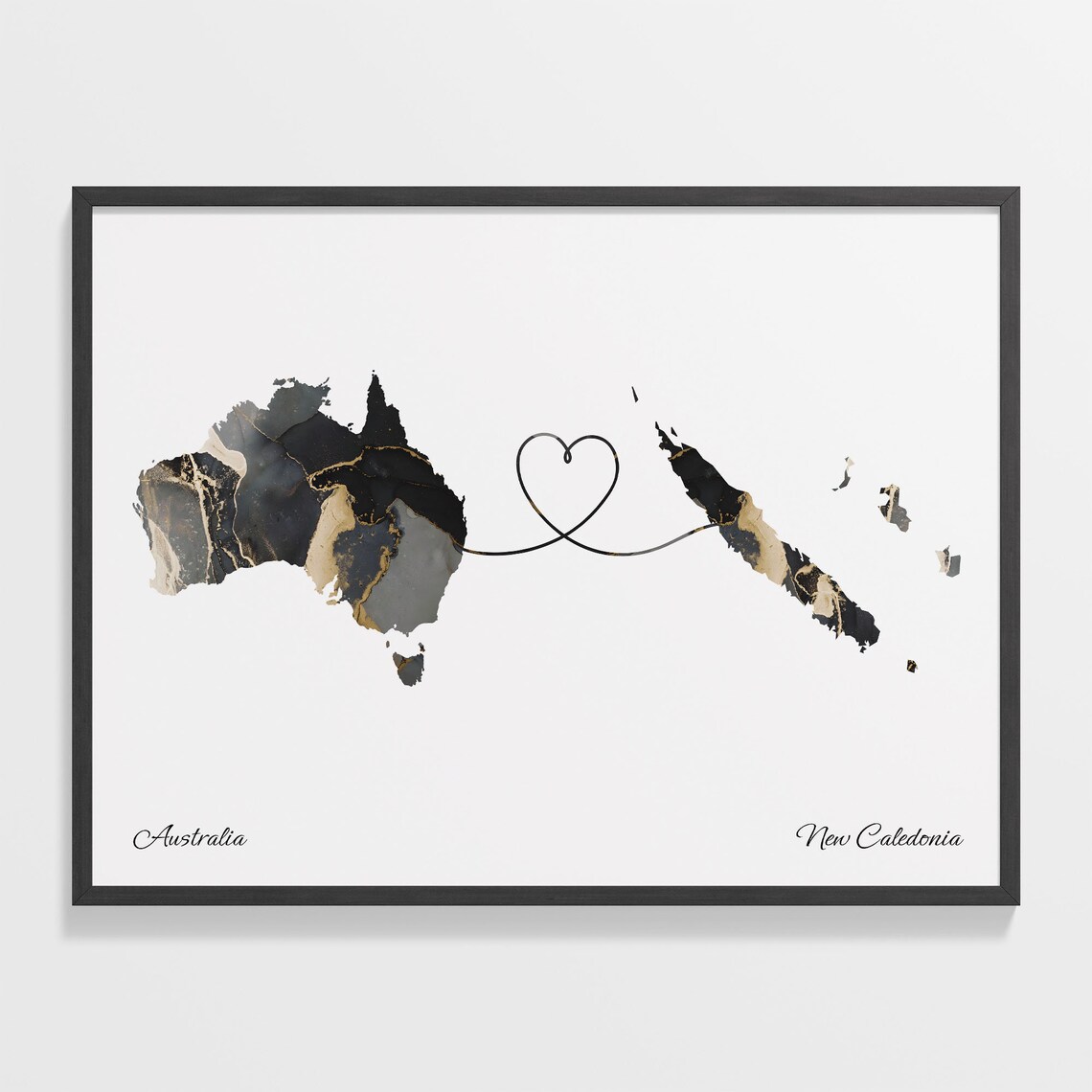 Australia To New Caledonia Heart Connected Black Marble Country Map Poster