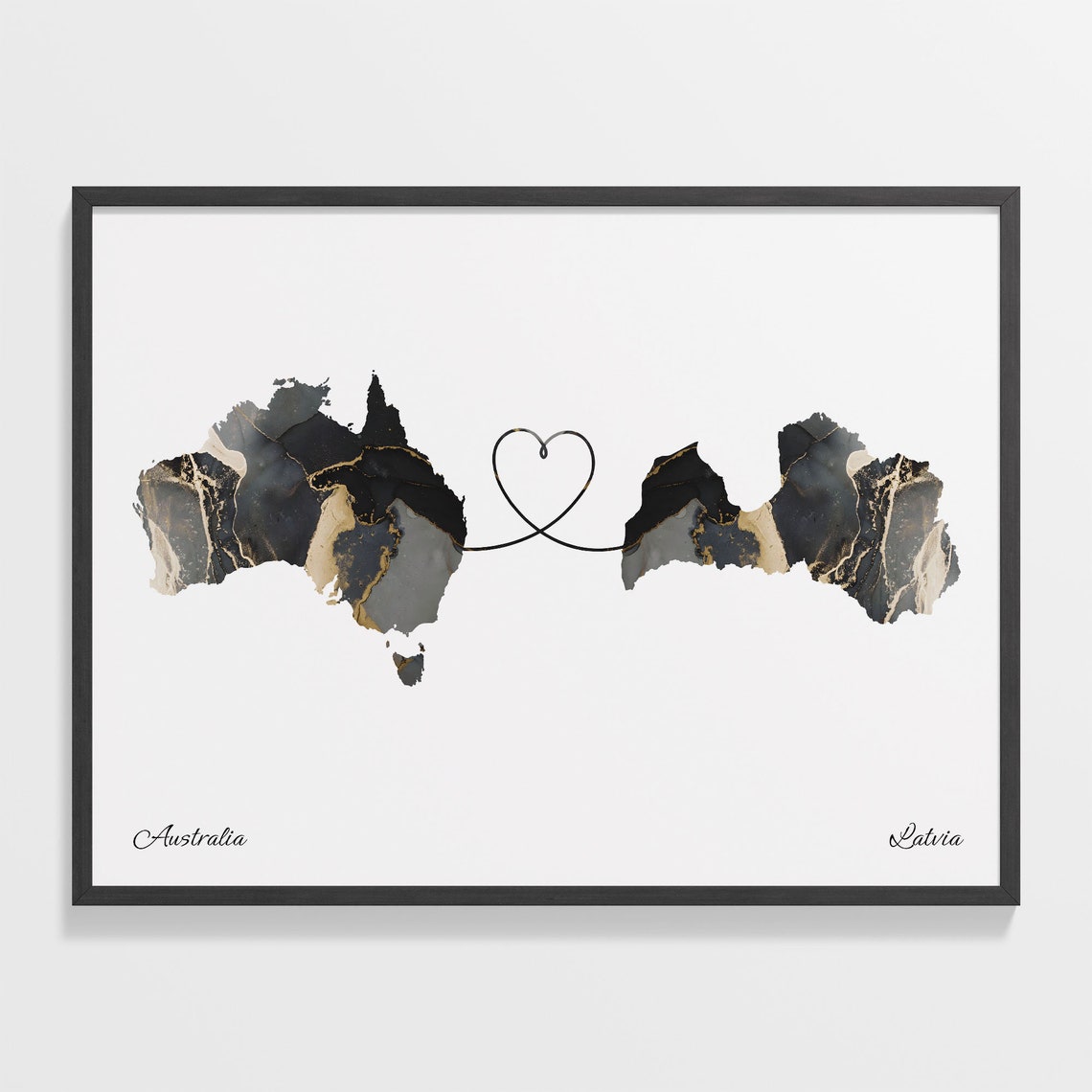 Australia and Latvia Two Countries Black Gold Marble Map Poster