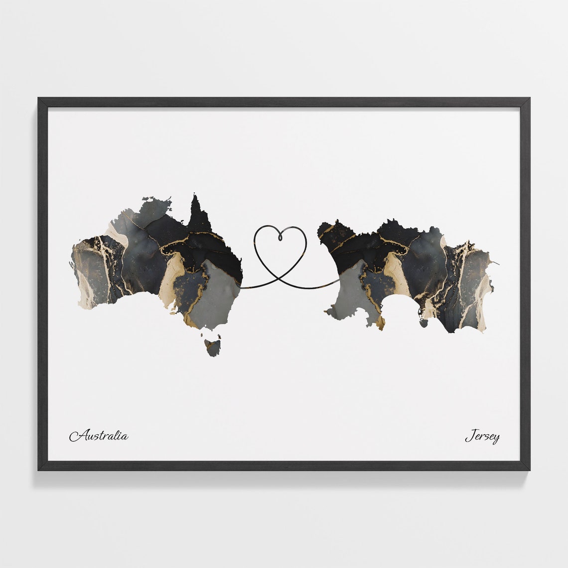 Australia to Jersey Black and Gold Marble Two Country Map Poster