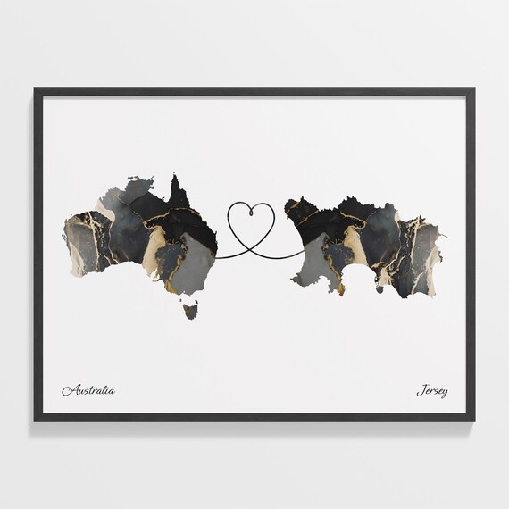 Australia to Jersey Black and Gold Marble Two Country Map Poster