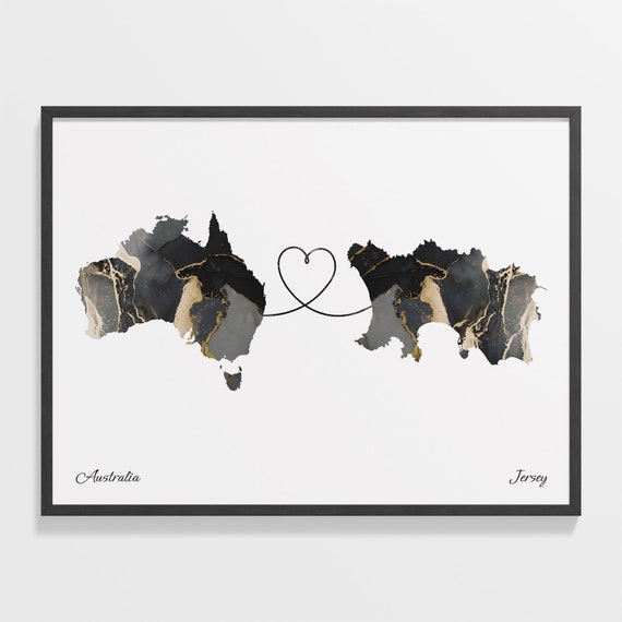 Australia To Jersey Print Japanese Gift Marble Two Countries Map Poster Travel Art Borderless Love Map C22 887