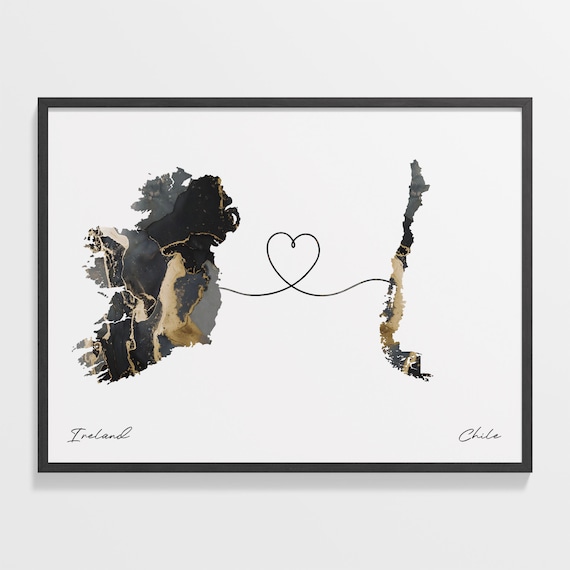 Ireland and Chile Black and Gold Marble Heart Map Connection Poster