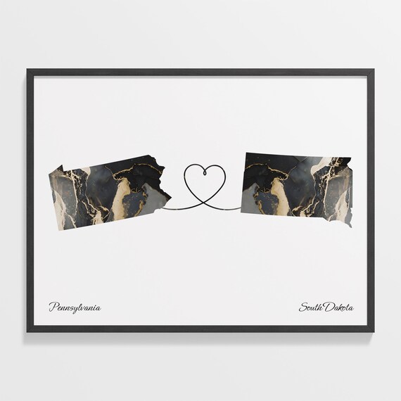 Pennsylvania to South Dakota Black Gold Marble Map Heart Connection Poster