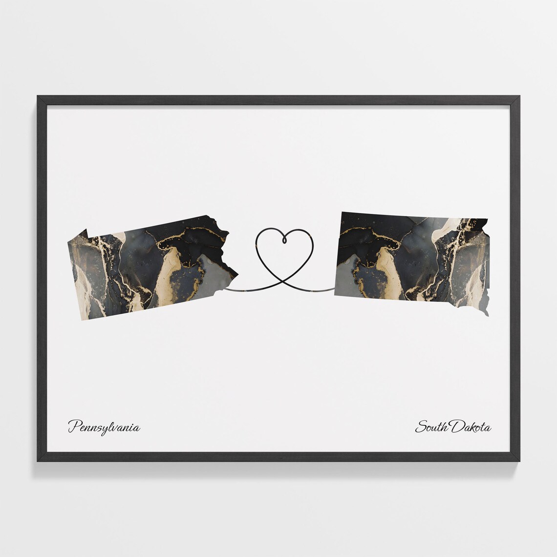 Pennsylvania to South Dakota Black Gold Marble Map Heart Connection Poster