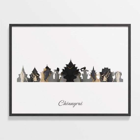 Chiangrai Thailand Marble Skyline Black Gold Minimalist Cityscape Poster