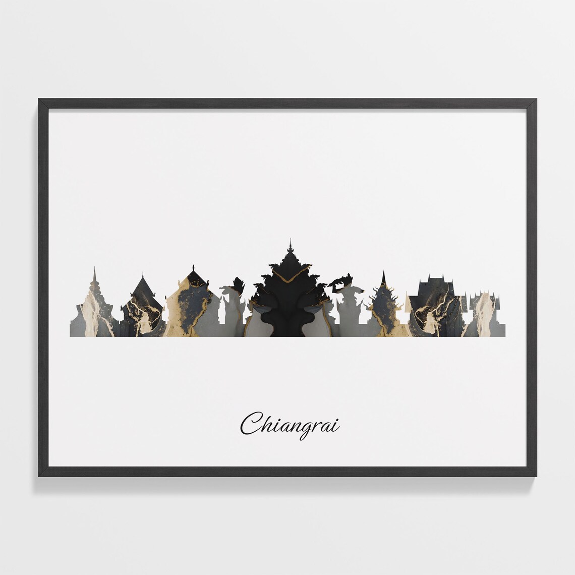Chiangrai Thailand Marble Skyline Black Gold Minimalist Cityscape Poster