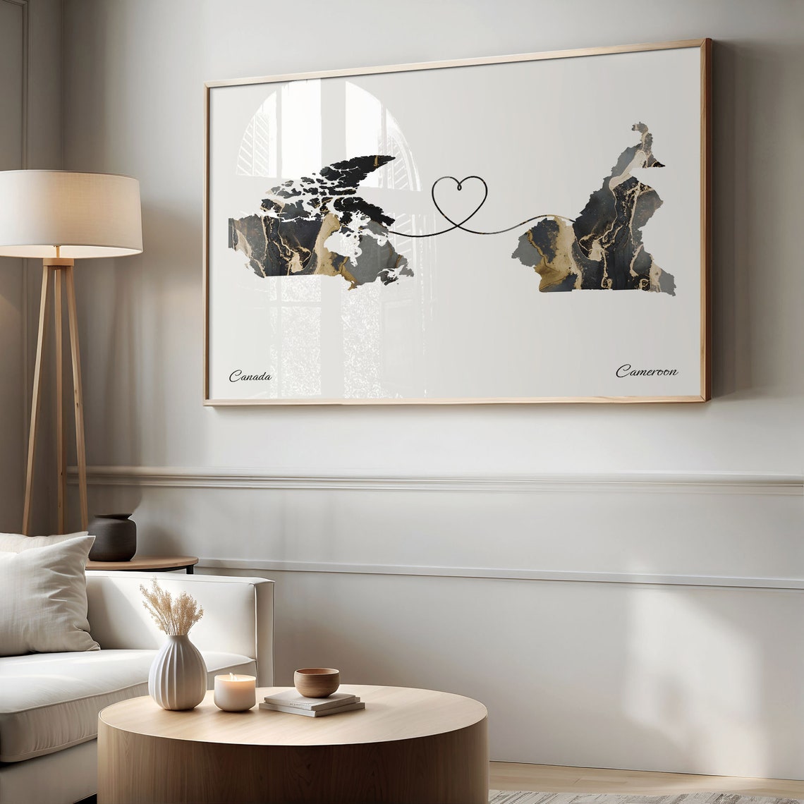 Canada and Cameroon Black Gold Marble Heart Map Connection Poster - Image 2