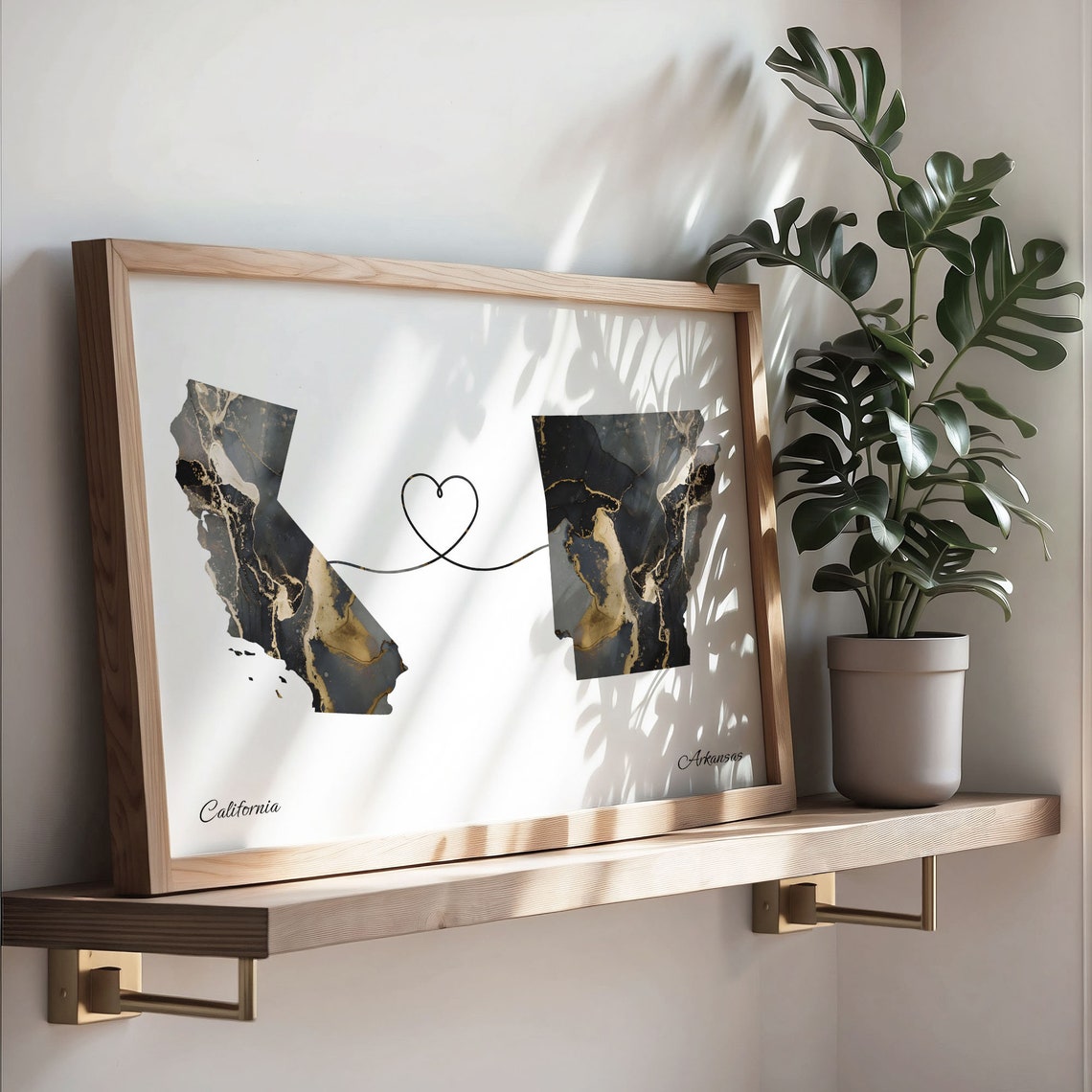 California to Arkansas Black Gold Marble Map Heart Line Art Poster - Image 4