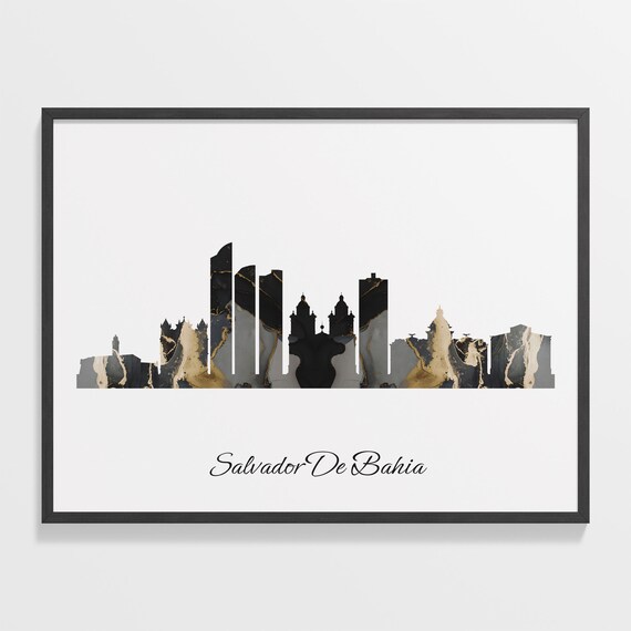 Salvador De Bahia Skyline Marble Cityscape Black and Gold Poster
