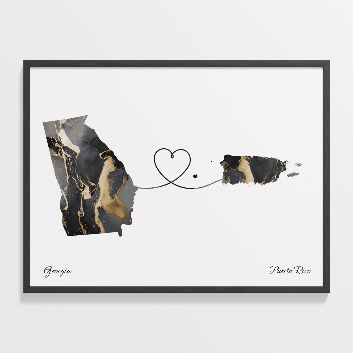 Georgia to Puerto Rico Black Marble State Map Long Distance Love Poster