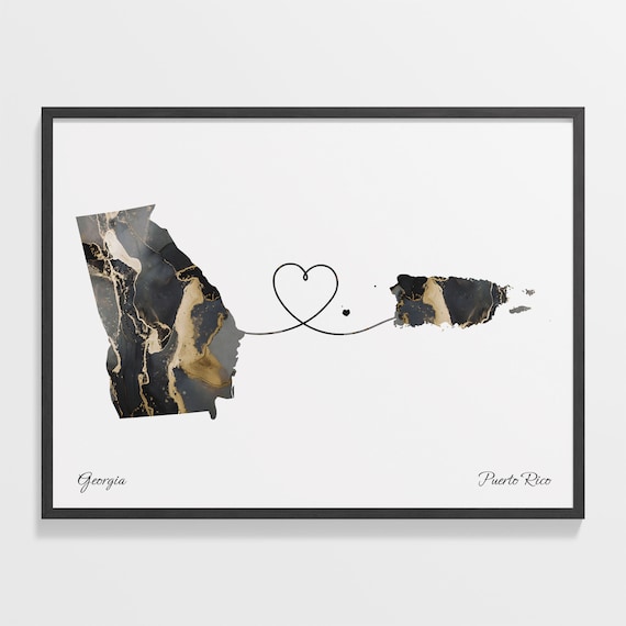 Georgia to Puerto Rico Black Marble State Map Long Distance Love Poster