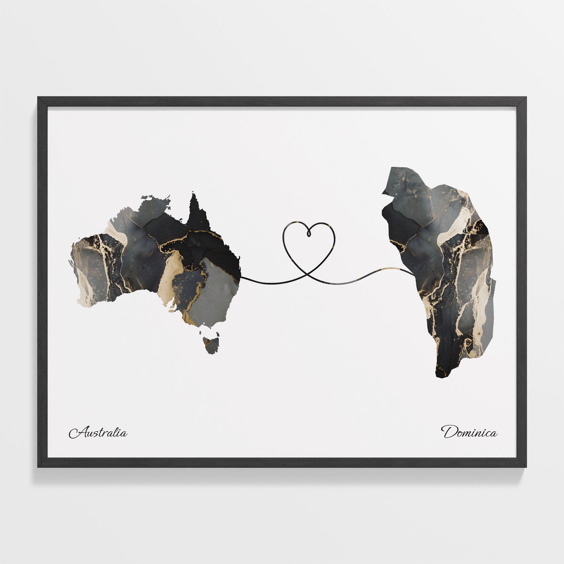 Australia and Dominica Black Marble Heart Connection Map Poster