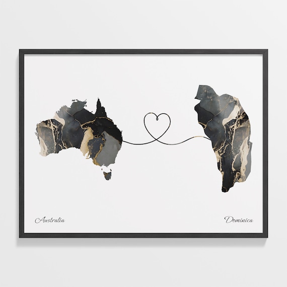 Australia and Dominica Black Marble Heart Connection Map Poster