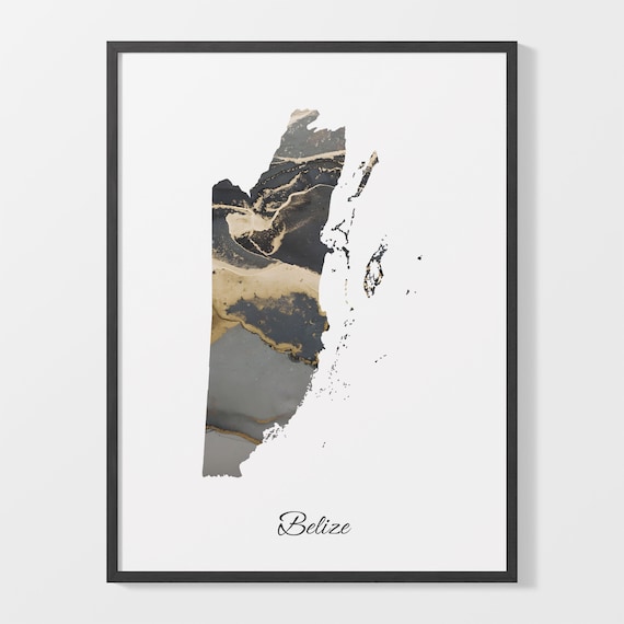Belize Black and Gold Marble Silhouette Country Map Art Poster