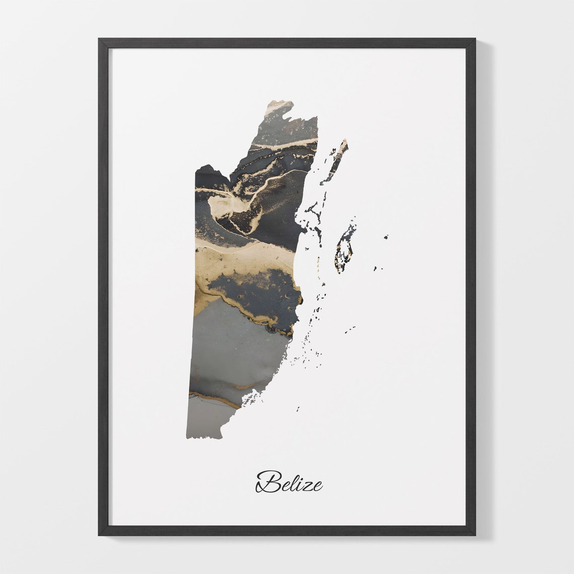 Belize Black and Gold Marble Silhouette Country Map Art Poster