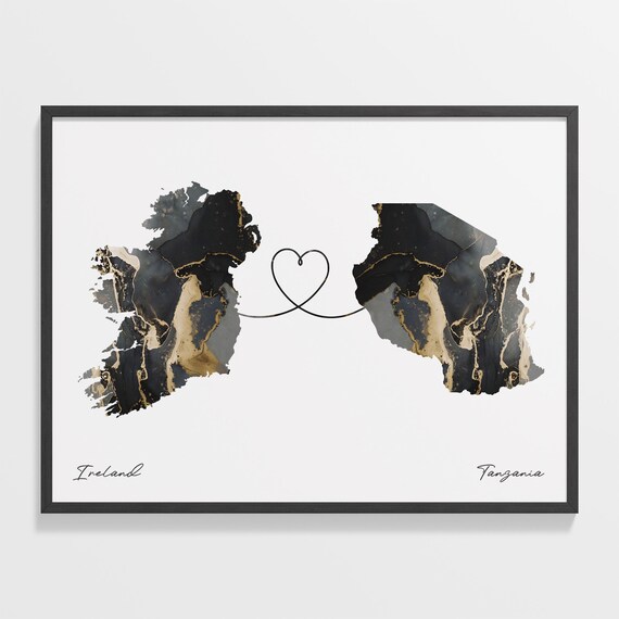 Ireland to Tanzania Heart Connected Long Distance Marble Map Poster