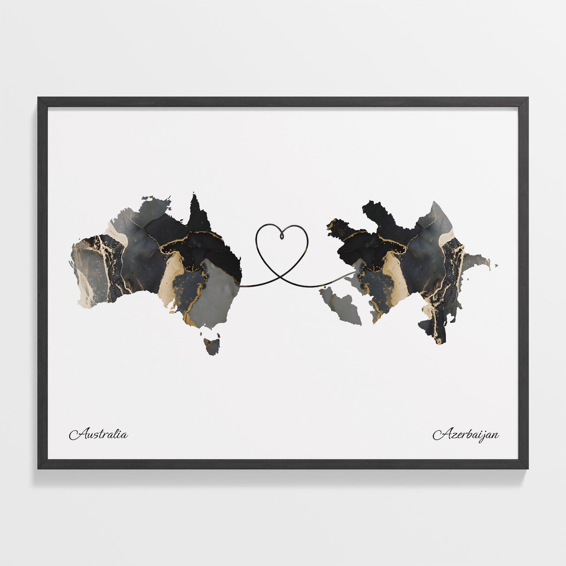Australia to Azerbaijan Black Gold Marble Heart Connection Map Poster