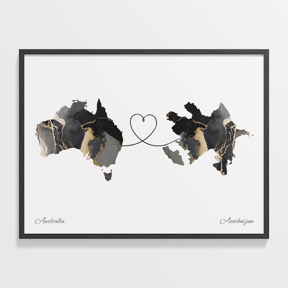 Australia to Azerbaijan Black Gold Marble Heart Connection Map Poster