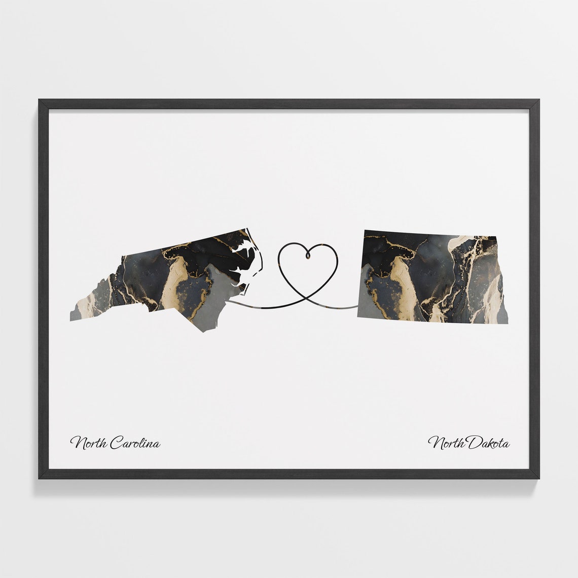 North Carolina to North Dakota Marble State Map Heart Love Gift Poster