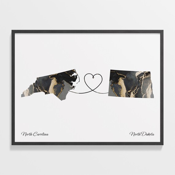 North Carolina to North Dakota Marble State Map Heart Love Gift Poster